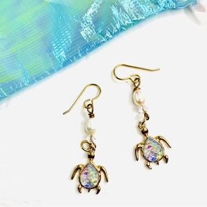 Handmade Iridescent Turtle Earrings Freshwater Pearl